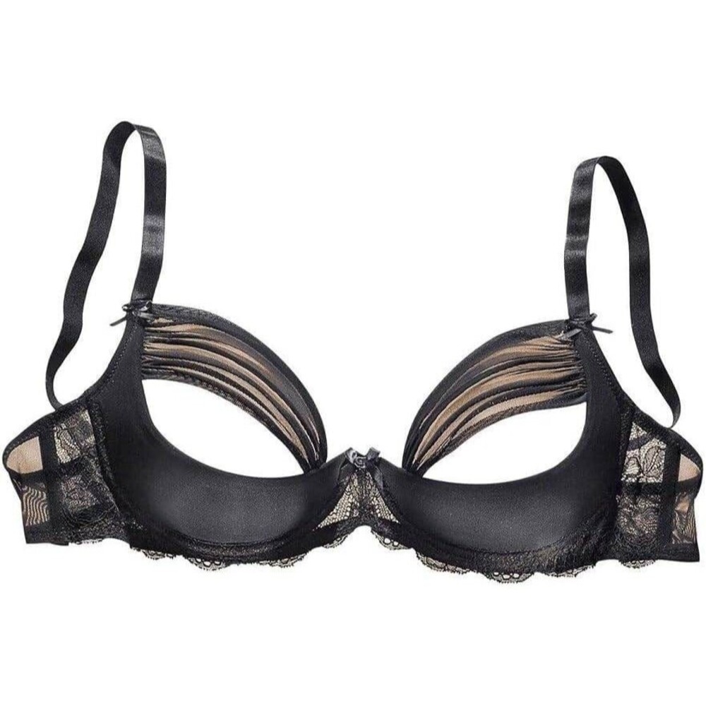 NWT LASCANA X62007 Bra 34B Black Lace Underwire Plunge Lingerie Sexy Mesh Sheer